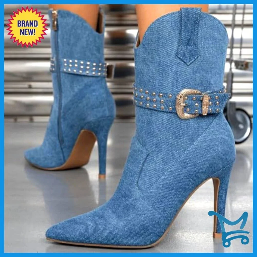 Denim Stiletto Ankle Boots Studded Buckle Side Zipper Mid-Calf Heels